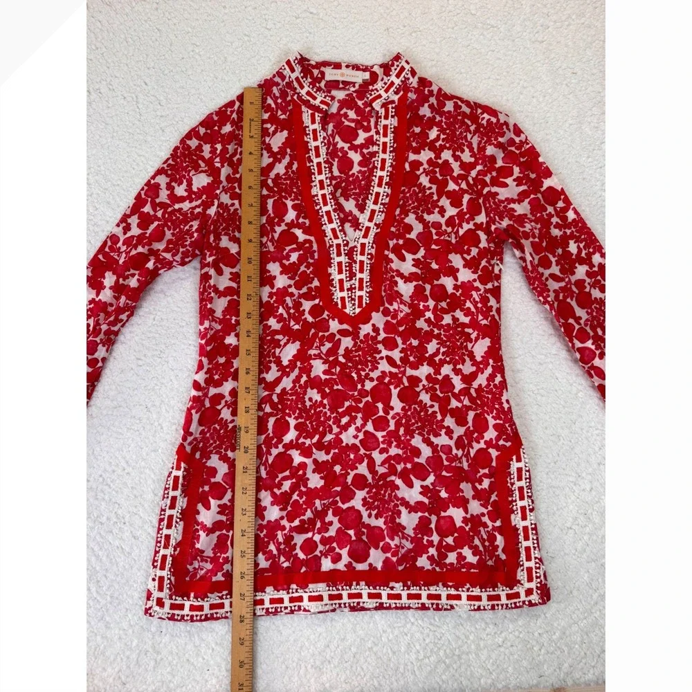 Tory Burch Red White Floral Cotton Tunic Top Split‎ Neck Embroidered Size 2